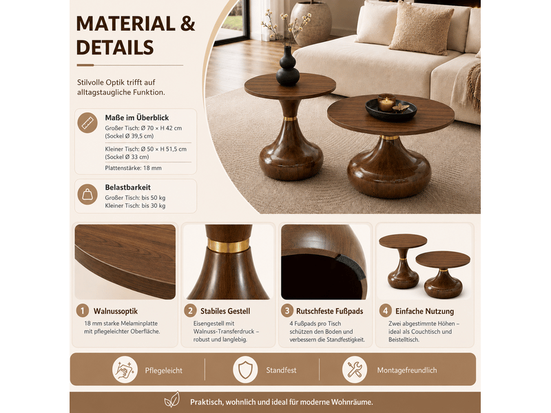  Table basse et table d'appoint rondes lot de 2 effet noyer avec socle stable en mdf et métal pour salon et chambre  - Conforama E