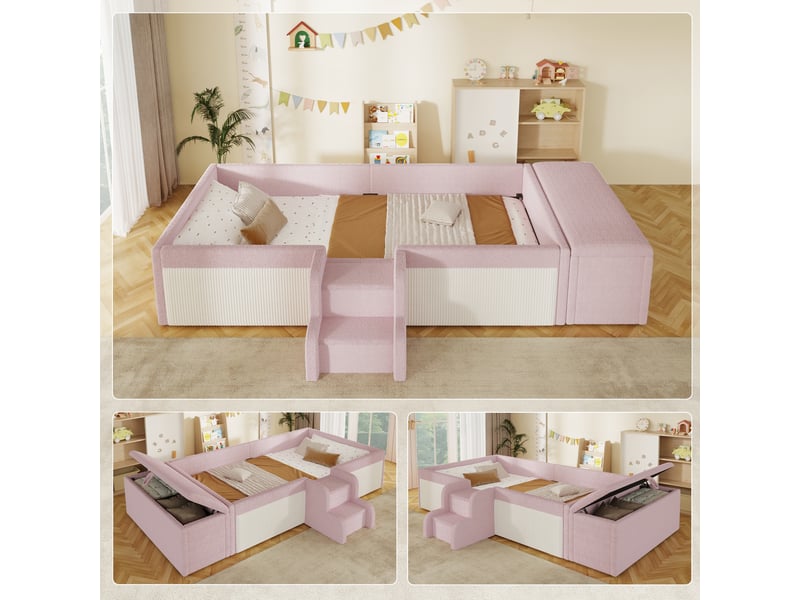 Lit capitonné 90x190 cm avec petit escalier et banc coffre mobile, bouclé, rose - Conforama B