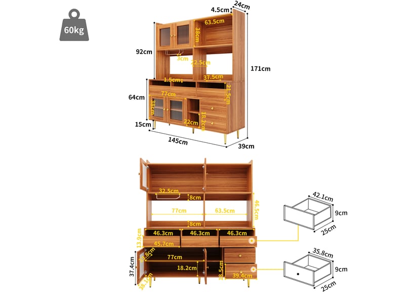  Buffet haut 145 x 39 x 171 cm – marron noyer – portes en verre strié, range-verres et 5 tiroirs intégrés  - Conforama C