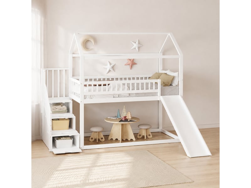  Lit mezzanine enfant avec toboggan et escalier de rangement 90x200 cm blanc  - Conforama D