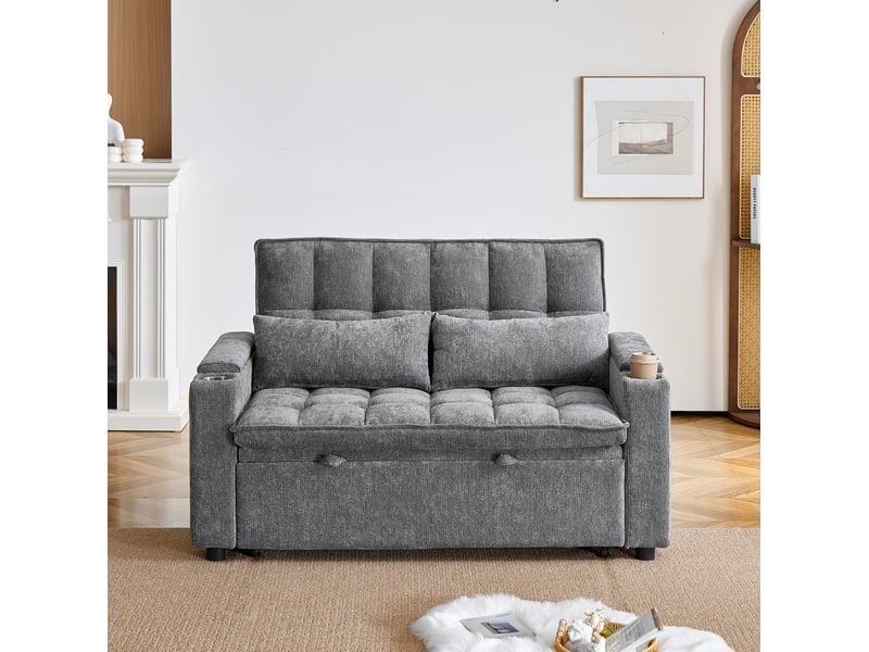  Canapé-lit 3-en-1 142x89x89 cm en chenille avec rangements et porte-gobelets gris chicfurn  - Conforama C