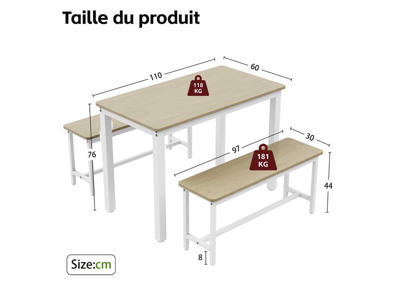 Ensemble table à manger 3 pièces 110x60x76 cm - table avec 2 bancs encastrables – mdf et acier – blanc et naturel  - Conforama C