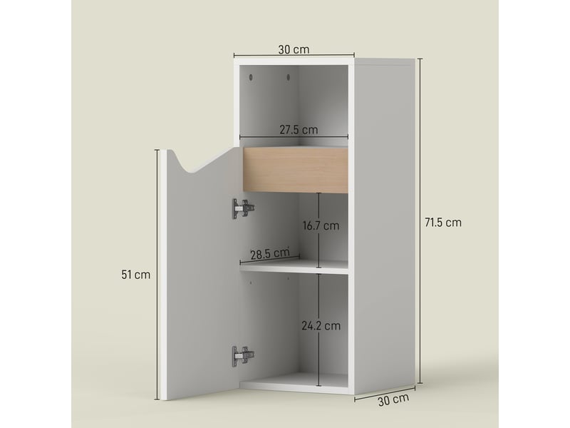 Meuble de salle de bain avec porte à fermeture amortie et compartiment ouvert, 30 x 30 x 71,5 cm, blanc et bois  - Conforama E