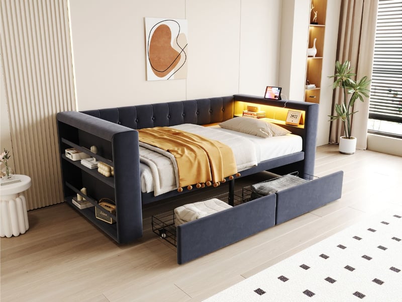  Lit une personne 90x190 cm, lit rembourré gris foncé multifonctionnel, rangement intégré, tiroirs spacieux, éclairage led, prise  - Conforama A