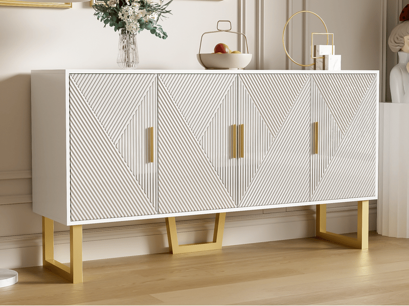  Buffet cuisine blanc, avec 4 portes brillantes, étagères réglables et poignées dorées, 150 x 40 x 82 cm, armoire pour salon  - Conforama B
