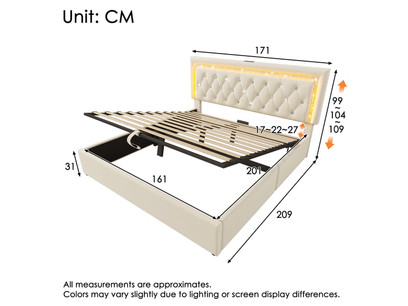 Lit coffre hydraulique rembourré 160x200 cm en velours beige avec led diamant, usb-c, tête de lit capitonnée et sommier à lattes Morn Vibe - Conforama B