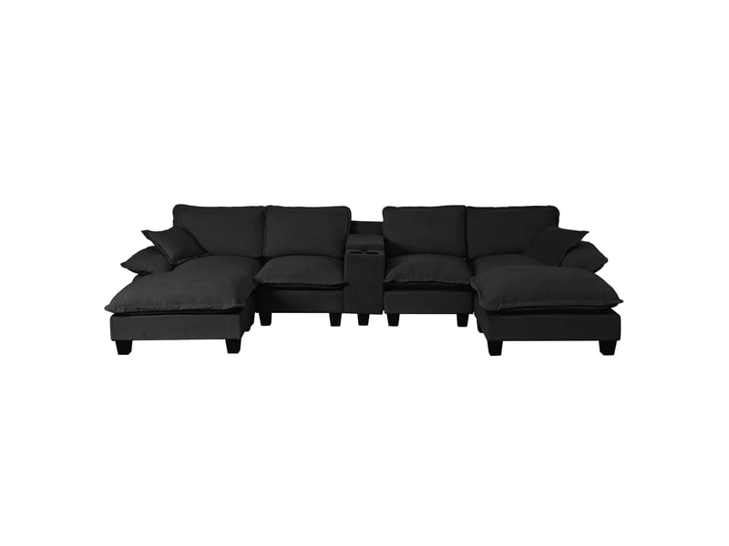  Canapé modulable en u modenvie 6 places avec rangement, porte-gobelets, ports usb, 2 ottomans et 2 coussins en chenille noir  - Conforama A