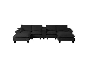 Canapé modulable en u modenvie 6 places avec rangement, porte-gobelets, ports usb, 2 ottomans et 2 coussins en chenille noir