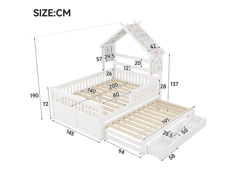  Lit cabane 140x200 cm, lit gigogne, 3 tiroirs, barrières sécurité enfant, chambre enfant, mdf, blanc, sans matelas  - Conforama C
