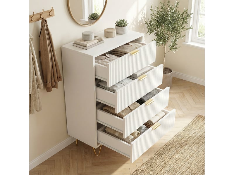  Commode chambre, commode blanche 60 cm, 4 tiroirs, meuble de rangement avec façades texturées et pieds dorés, style moderne, blanc  - Conforama D