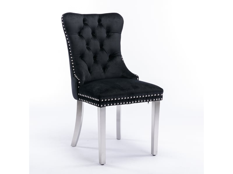  Lot de 2 chaises de salle à manger en velours noir, dossier haut capitonné, clous décoratifs, pieds finition chrome, structure en bois massif  - Conforama A