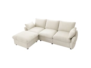 Canapé d'angle 3 places avec ottomane modulable et coussins, en chenille beige, 222,5 × 154,5 × 76,5 cm