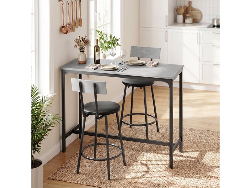  Table de bar avec tabourets assortis, table haute avec 2 tabourets rembourrés et repose-pieds, idéale pour les petits espaces, gris.  - Conforama C