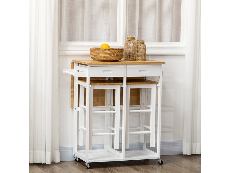  Ensemble table de bar pliable roulettes + 2 tabourets blanc et bois clair - 2 tiroirs et porte-torchons  - Conforama D