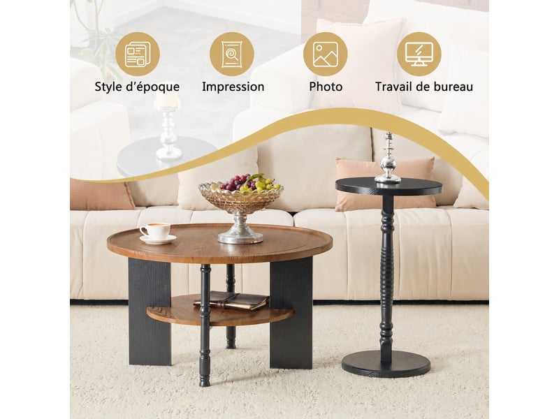 Lot de 2 tables basses rondes, table basse 80 cm avec rangement et bout de canapé 38 cm, mdf noyer et noir, pour le salon et la chambre.  - Conforama R
