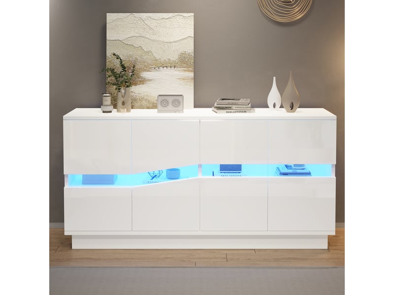 Buffet bas led 140x35x70 cm avec éclairage led, 4 portes, étagères réglables, meuble rangement salon salle à manger - blanc - Conforama D