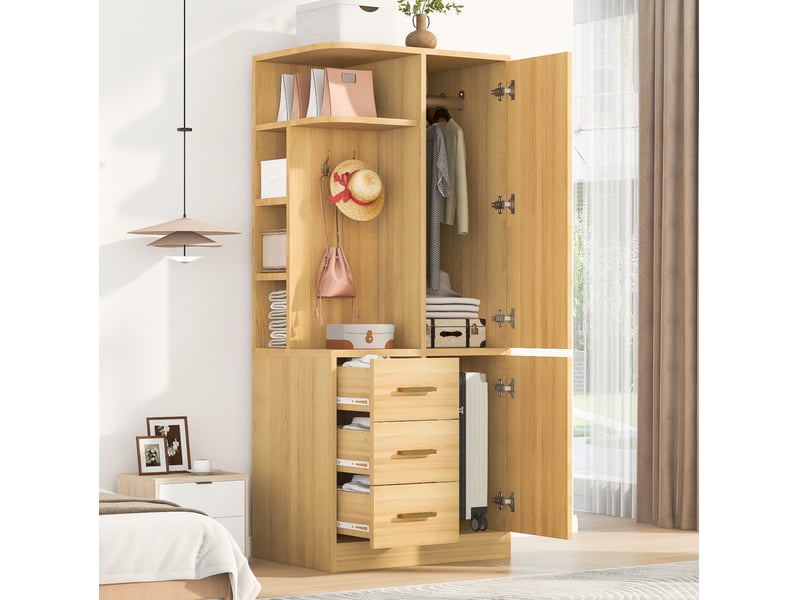  Armoire 70x50x170 cm, à 2 portes, 3 tiroirs, crochets et espaces de rangement, poignées en métal, couleur bois clair  - Conforama D
