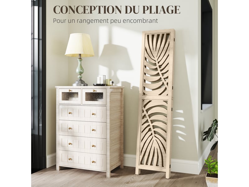  Paravent interieur en bois 4 panneaux 160 x 170 cm, pliable et portable, motif de feuille, bois naturel, design amovible  - Conforama E
