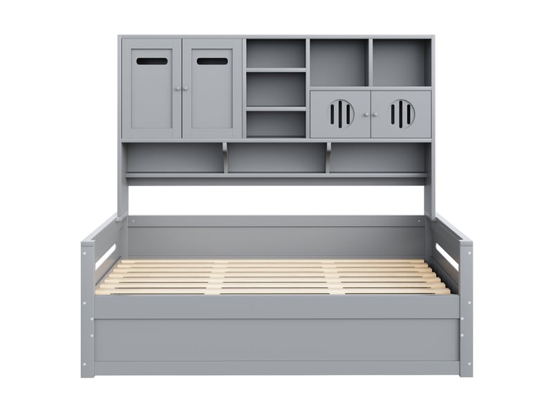 Lit simple enfant 90x200 cm – gris – coffre hydraulique et rangements intégrés en tête, sans matelas - Conforama E