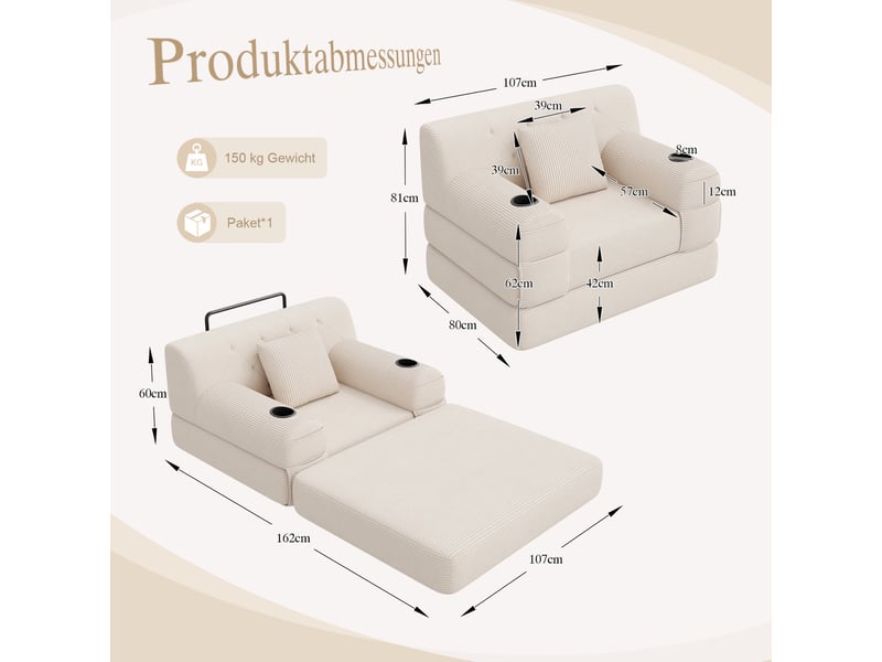  Canapé droit 1 place beige en velours côtelé avec haut dossier et rangement latéral intégré pour salon moderne  - Conforama C