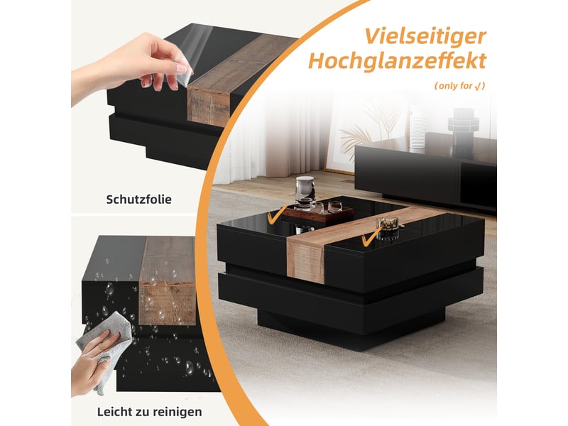  Table basse carrée 70x70x39 cm avec plateau extensible et rangement dissimulé, finition mdf, noir  - Conforama E