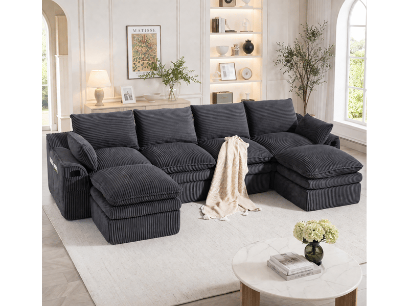 Canapé modulable 4 places en velours côtelé gris foncé avec 2 poufs, coussins et poches latérales - Conforama B