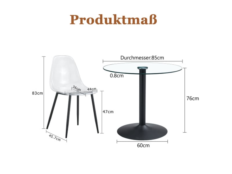  Ensemble table à manger ronde en verre trempé ø85 cm et 4 chaises transparentes en plastique – idéal cuisine  - Conforama C