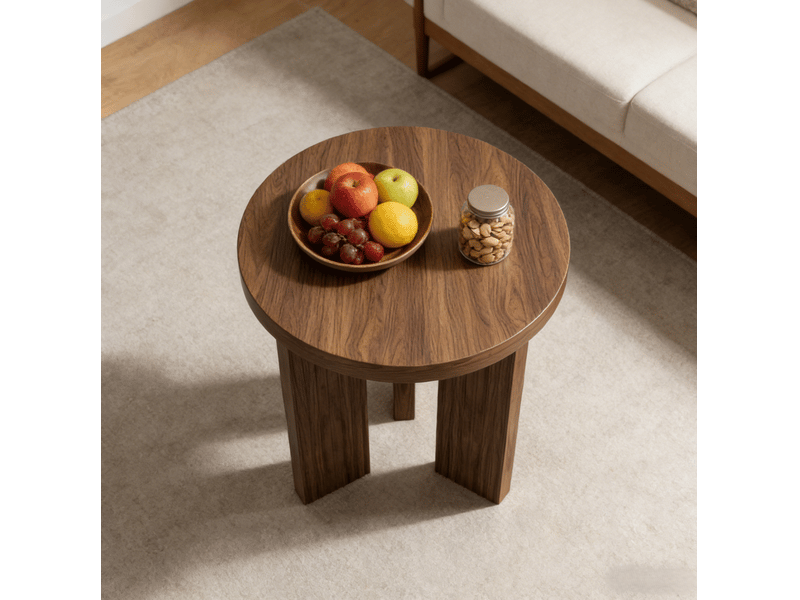 Table basse ronde avec piètement à 3 pieds, effet bois marron noyer, pour salon, chambre ou balcon en mdf 44,5 × 45 cm - Conforama E
