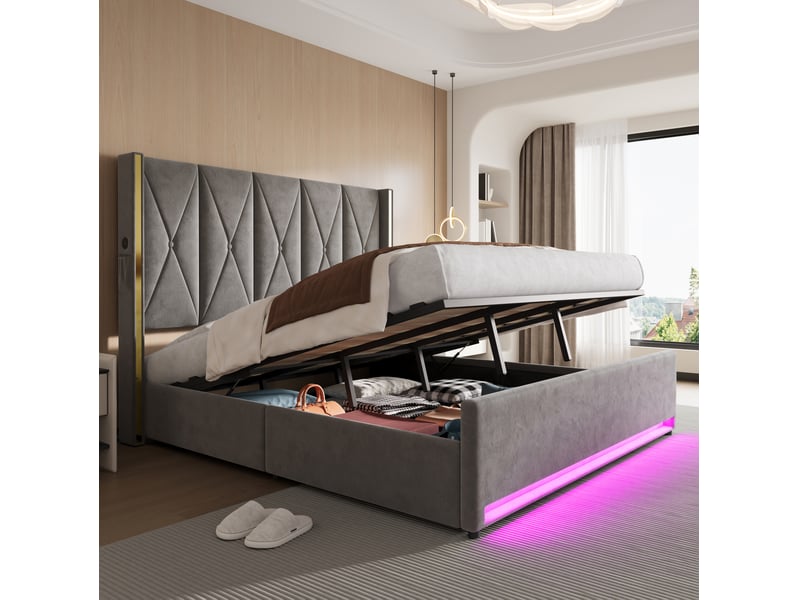  Lit coffre 180x200 cm, lit double, rangement hydraulique, led, port usb, velours gris foncé  - Conforama D