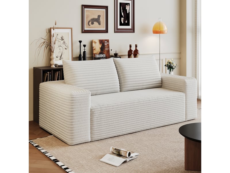  Canapé 2 places blanc crème 180 cm velours côtelé, petit canapé modulable assise profonde sans montage  - Conforama W