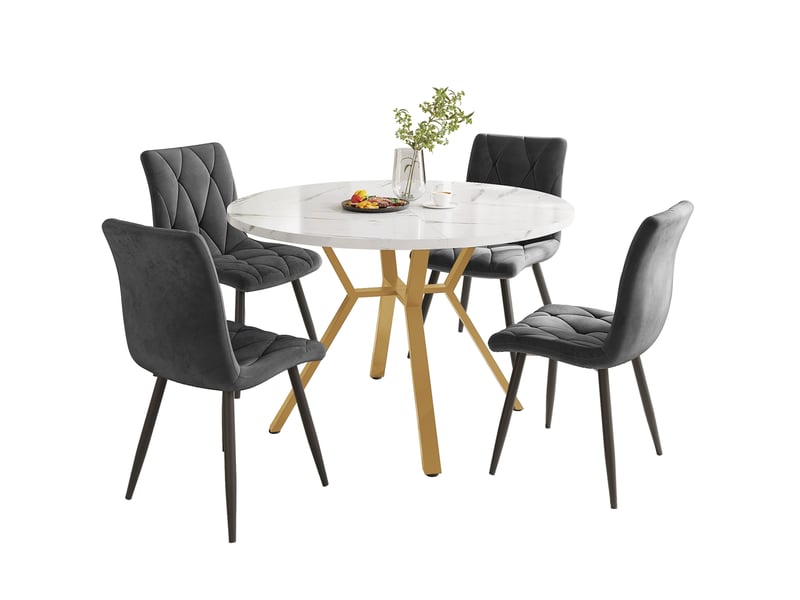  Ensemble table ronde et 4 chaises, plateau effet marbre blanc, pieds en métal doré et sièges ergonomiques en velours gris  - Conforama A