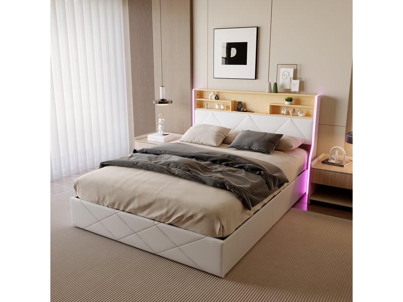  Lit coffre - pocketpop - 140x190 - pu blanc - tête de lit led et usb  - Conforama B