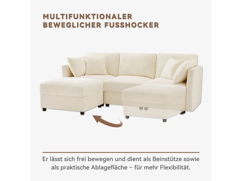  Canapé d'angle en l beige avec pouf modulable, 3 à 4 places, accoudoirs réglables et tissu chenille confortable, pour salon et appartement  - Conforama E