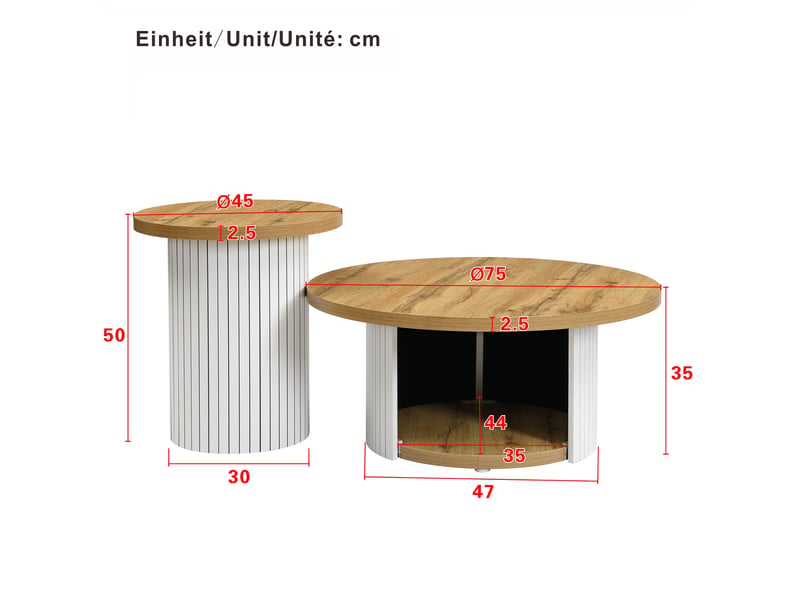  Lot de 2 tables basses rondes 75x75x50+45x45x35 cm, table salon gigogne, table d'appoint, style nordique, mdf, naturel  - Conforama C