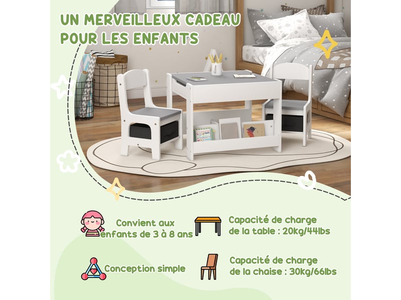  Ensemble 3 pièces table et 2 chaises pour enfant avec plateau réversible tableau noir, étagères, panier de rangement  - Conforama E