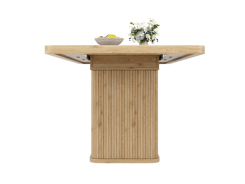 Table à manger extensible 140-180x80x76,5 cm, rangement caché, relief vertical, mdf et métal, décor bois clair - Conforama A