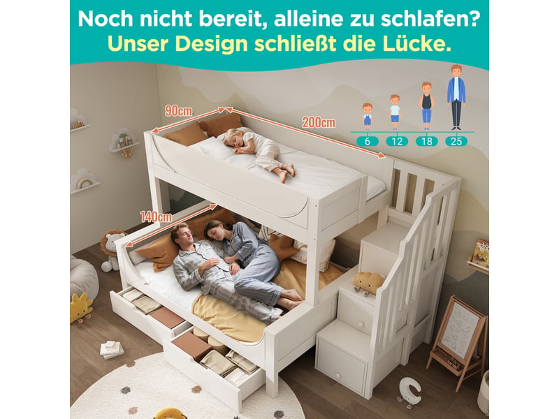  Lit superposé enfant 90x200 et 140x200 blanc avec tiroirs, forme traîneau, escalier de rangement et barrière de sécurité  - Conforama E