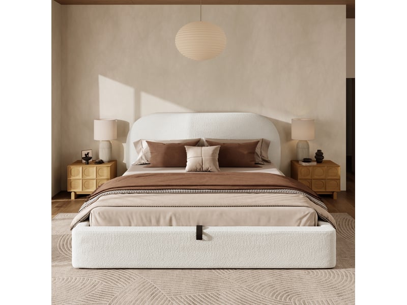  Lit coffre capitonné 180 x 200 cm avec rangement hydraulique, tête de lit rembourrée, matelas et sommier en bouclé beige  - Conforama D