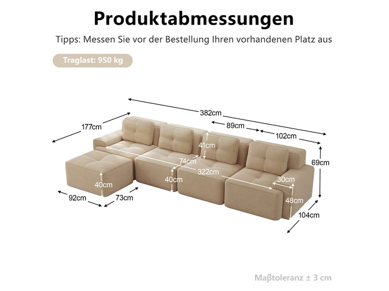 Canapé modulable en l 4 places 382x177x69 cm, sans montage, mousse 32d, assise profonde, en velours côtelé, beige - Conforama C