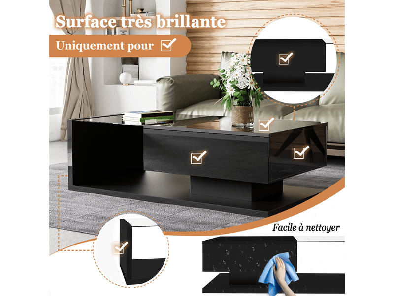  Table basse noire laquée. Tables d'appoint et tables basses en verre avec éclairage led.  - Conforama E
