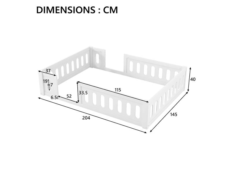  Lit plateforme 140x200 en bois massif blanc avec barrière de sécurité - design au sol  - Conforama C