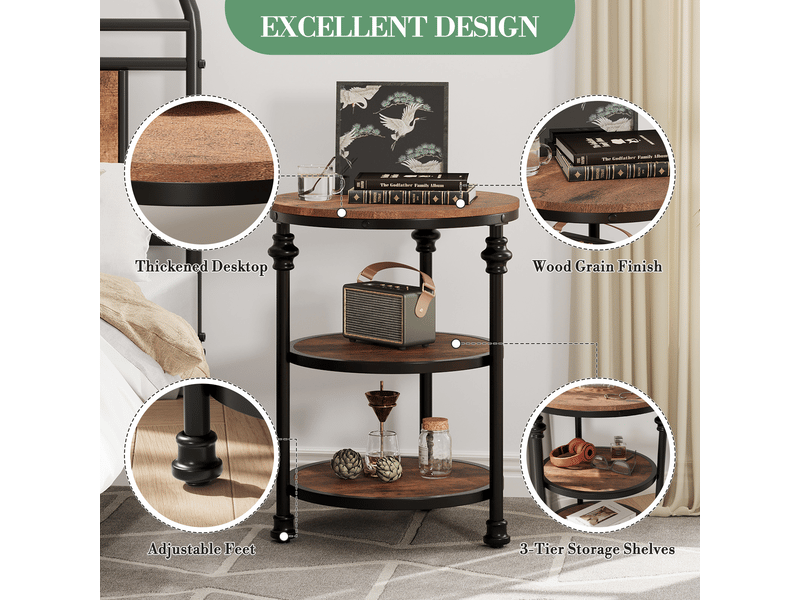  Table d'appoint ronde 3 niveaux, étagères, bout canapé, chevet compact, gain de place, style industriel vintage, cadre métal PHO_0Y1J0OJ7 - Conforama D