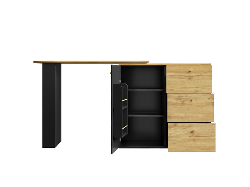 Table bar 138-204x39x104 cm noire en mdf, pivotante à 360°, extensible, rangement intégré pour cuisine - Conforama D