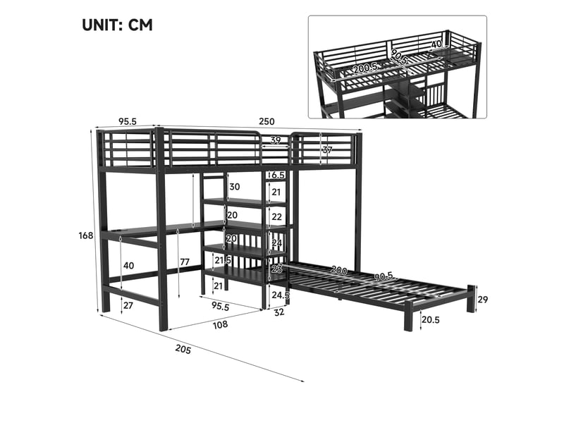 Lit superposé multifonction 2 couchages 90x200 cm, bureau en l, escalier avec rangements, usb et usb-c, étagères, métal noir Radiant Stride - Conforama C