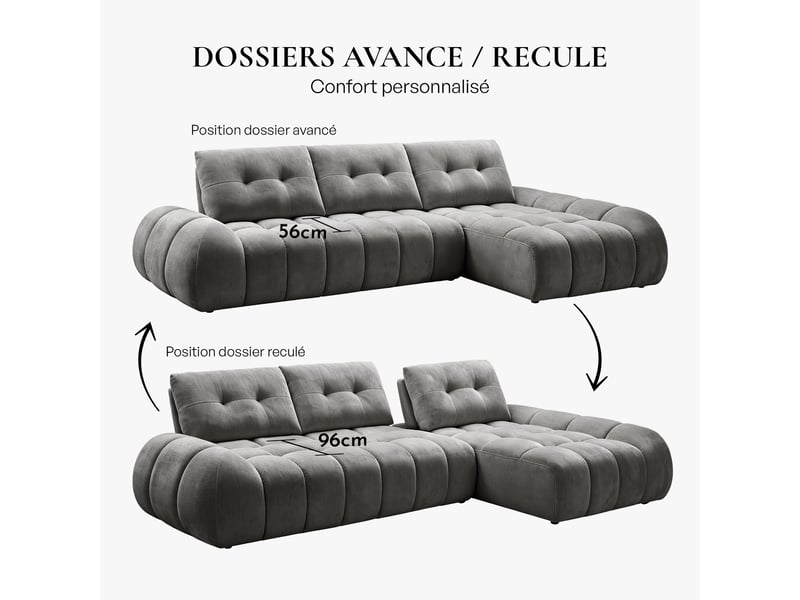 Canapé d'angle en tissu capitonné gris - angle droit  - Conforama D