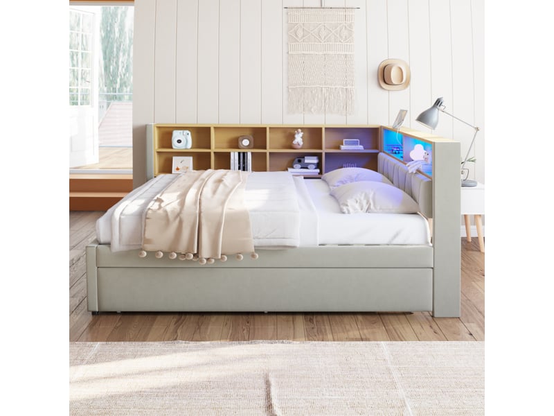 Canapé-lit 140x200 cm + gigogne 90x190 cm avec led et prises, flanelle gris clair, sans matelas  - Conforama W
