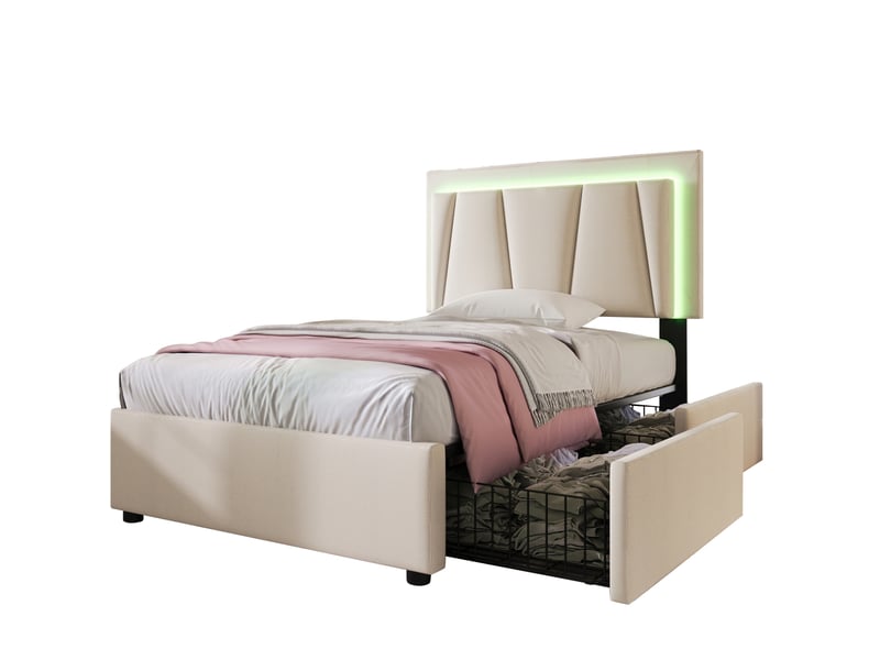  Lit enfant 90x200 cm – beige – led télécommandée, tête de lit réglable et 2 tiroirs, avec matelas  - Conforama A