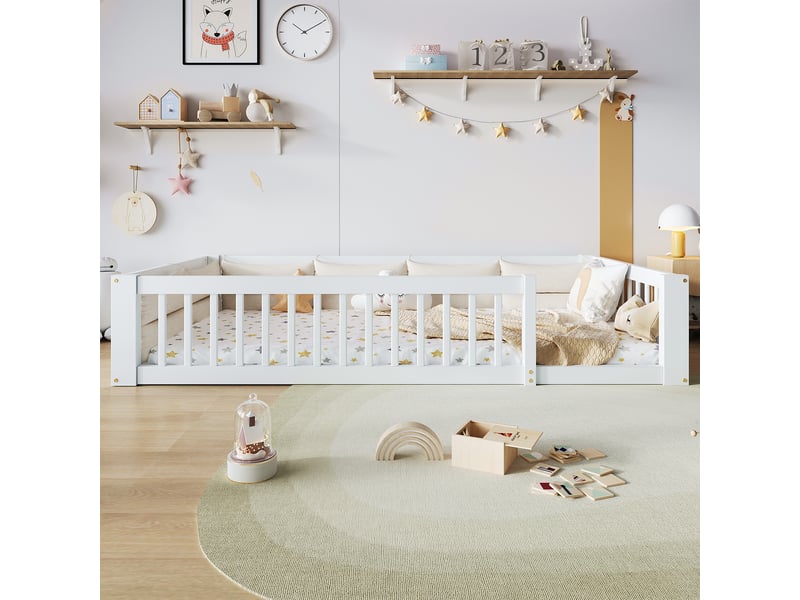  Lit plateforme 90x200 avec barrières latérales et coussins, lit 1 personne, blanc, cadre de lit  - Conforama E