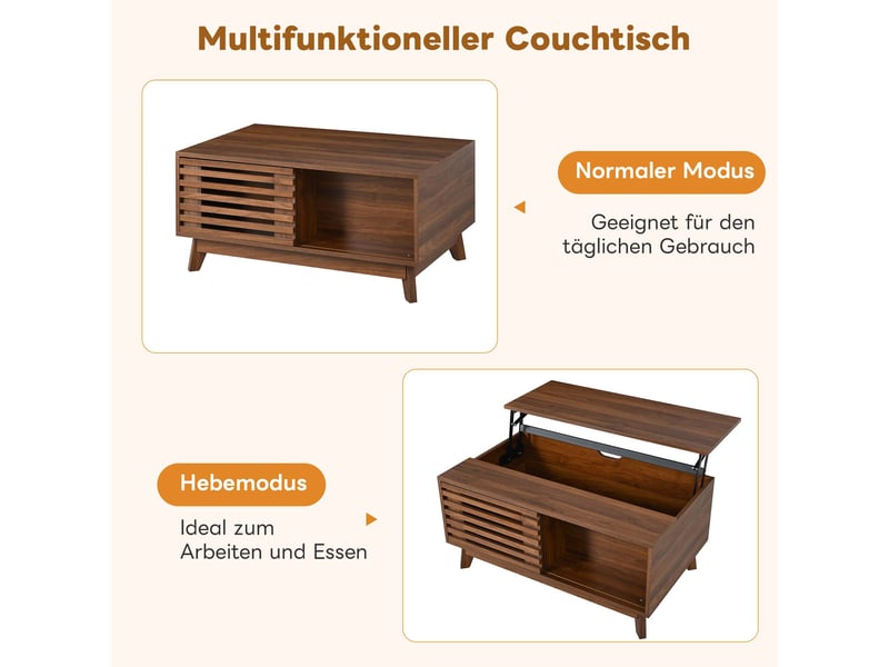  Table basse relevable 90 × 55 cm avec porte coulissante à lames et rangement, structure mdf finition noyer C-CRAFTLINK - Conforama E