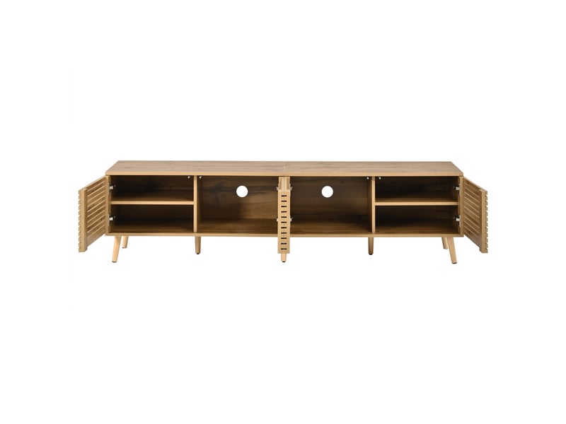  Meuble tv 75 pouces, 4 portes à lattes, 6 compartiments, passe-câbles, bois naturel  - Conforama B